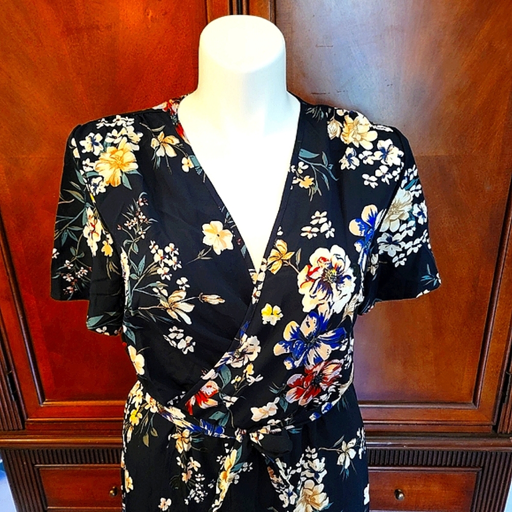 Floral Wrap Dress by Modely w/ Faux Wrap Tie, 1xl, NIP, Blue